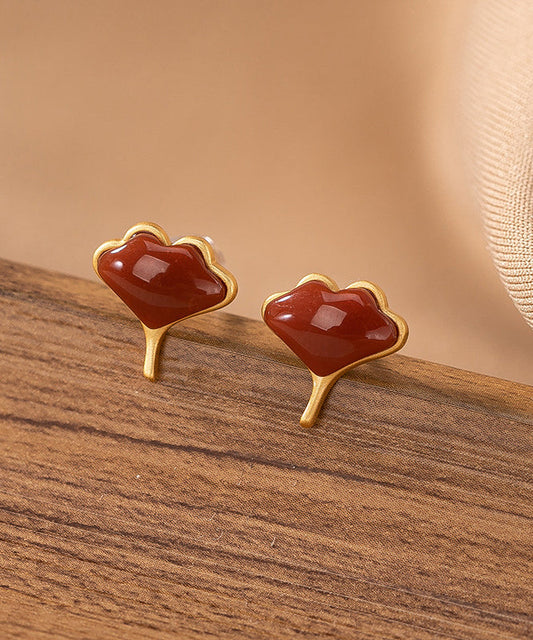 Boucles d'oreilles à tige en argent sterling avec feuille de ginkgo surdorée en agate de mûre Vogue - Wavlynn