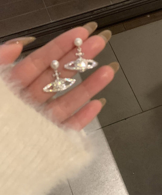 Boucles d'oreilles pendantes Vogue en cuivre blanc et zircon avec perles et planètes - Wavlynn