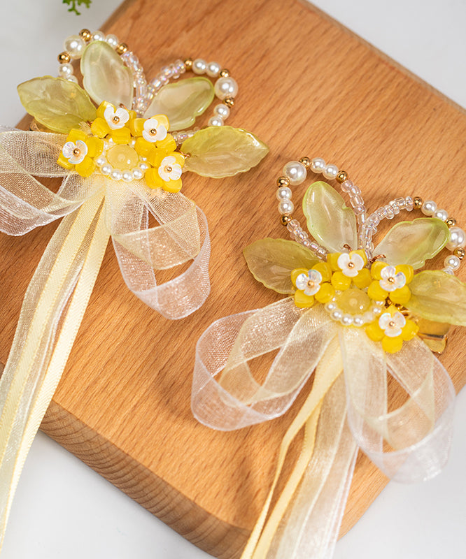 Vogue Ruban en mousseline de soie jaune Perle Glaze Osmanthus Enfants Une paire d'épingles à cheveux - Wavlynn
