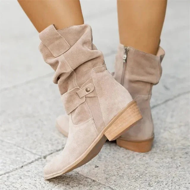 Women's winter suede slouchy ankle boots in neutral tone with relaxed silhouette and soft premium upper