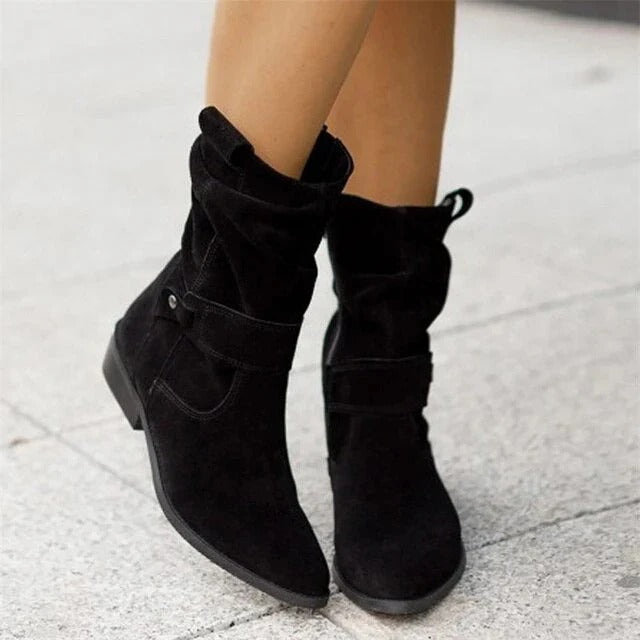 Women's winter suede slouchy ankle boots in neutral tone with relaxed silhouette and soft premium upper
