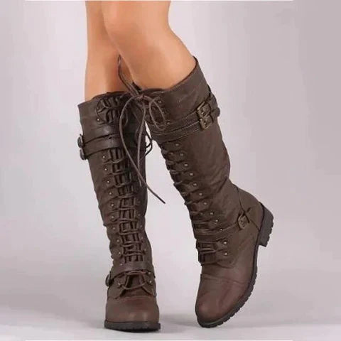 Black knee-high lace-up retro boots with dramatic 16-inch silhouette for vintage street style