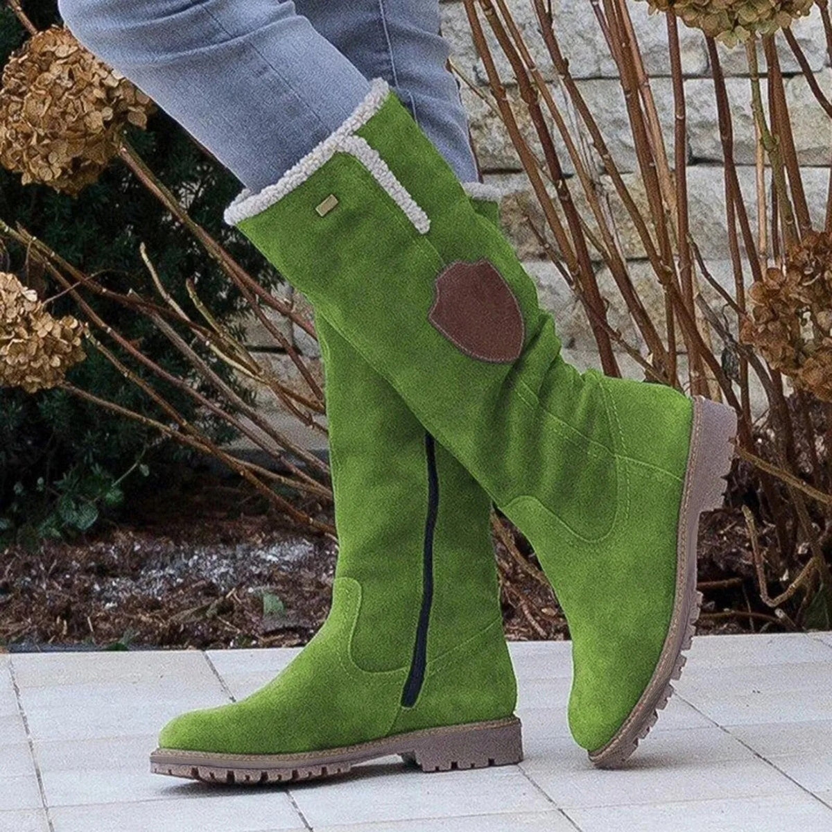 Women's mid-calf suede-like boots with faux fur lining, lug sole, and side zipper closure