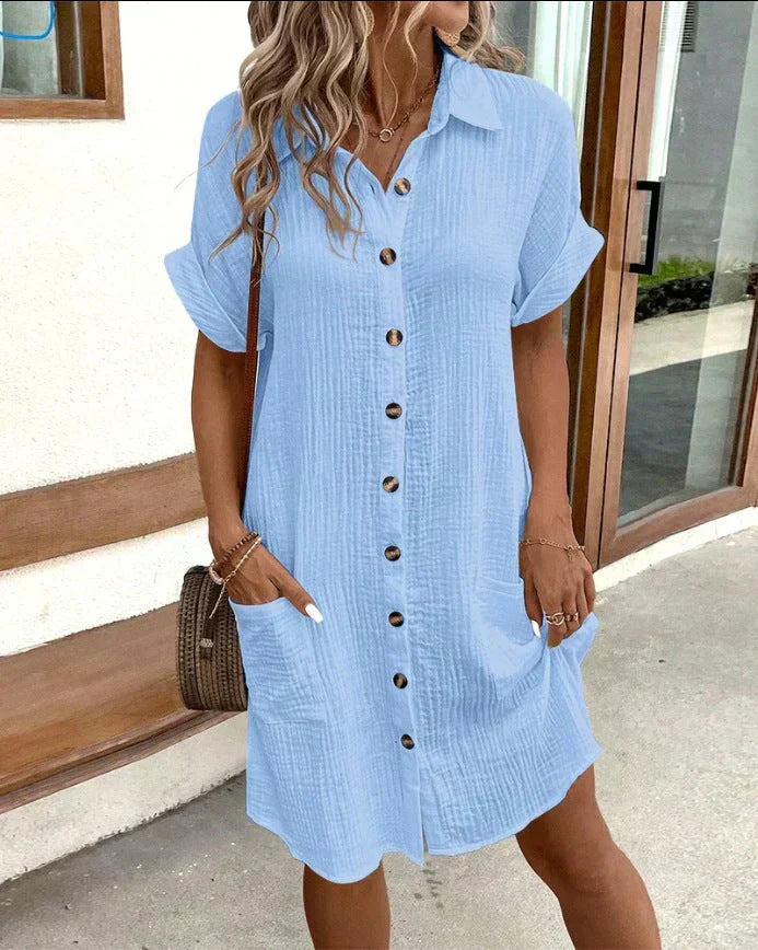 Relaxed cotton polo shirt dress in warm-weather style with drapey silhouette and button placket