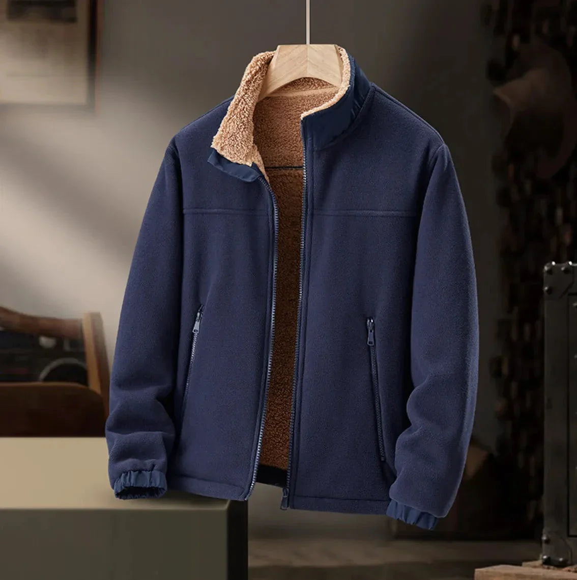 Men's sherpa lined fleece jacket suede-inspired exterior stand-up collar plush inner lining premium warmth