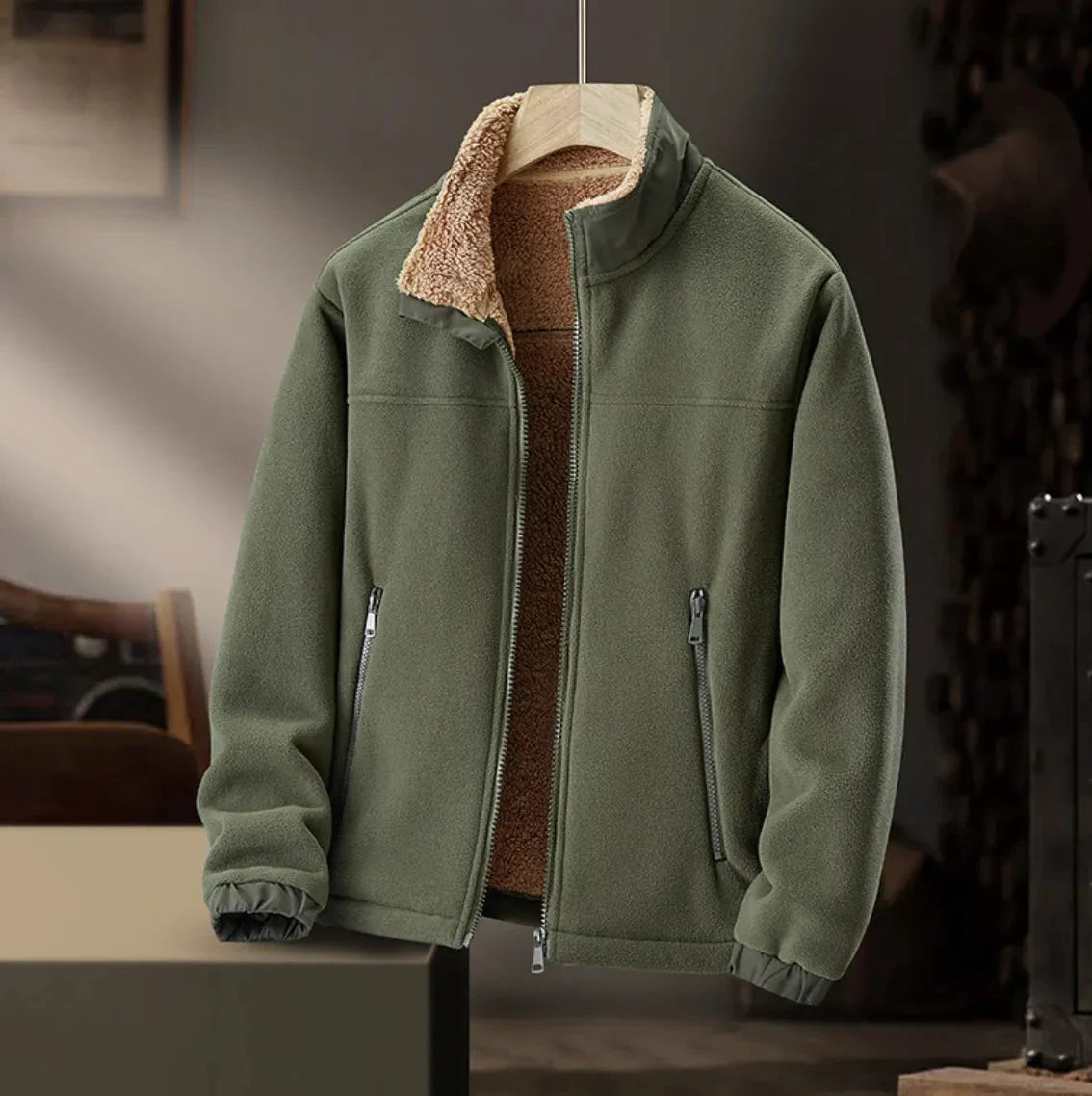 Men's sherpa lined fleece jacket suede exterior stand-up collar plush inner lining premium warmth
