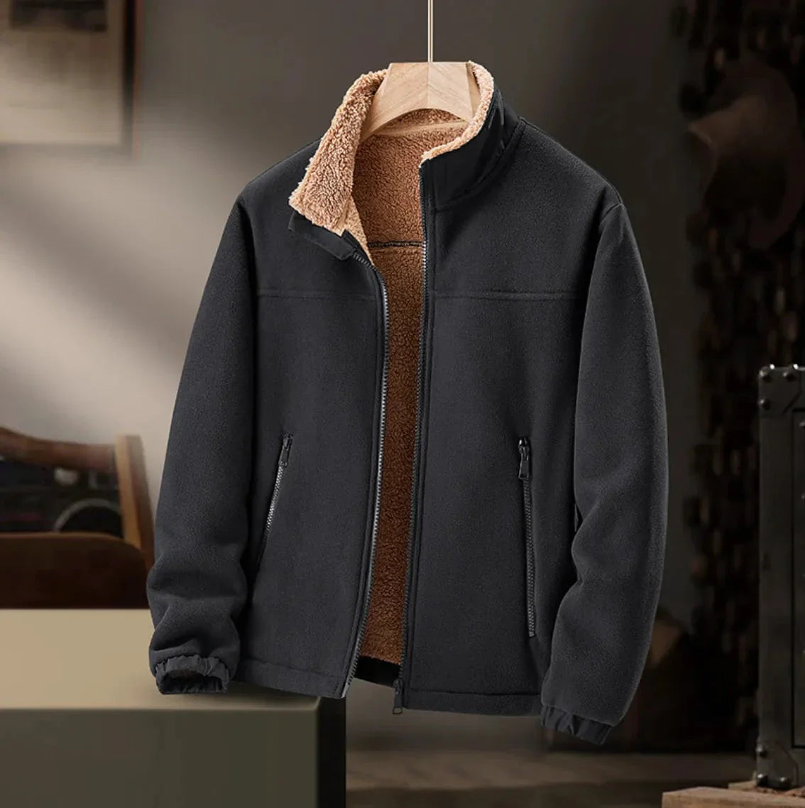 Men's sherpa lined fleece jacket suede exterior stand-up collar plush inner lining premium warmth