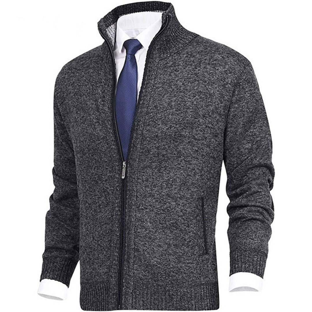 Men's beige knit zip sweater cardigan style jacket with ribbed collar, cuffs, and hem
