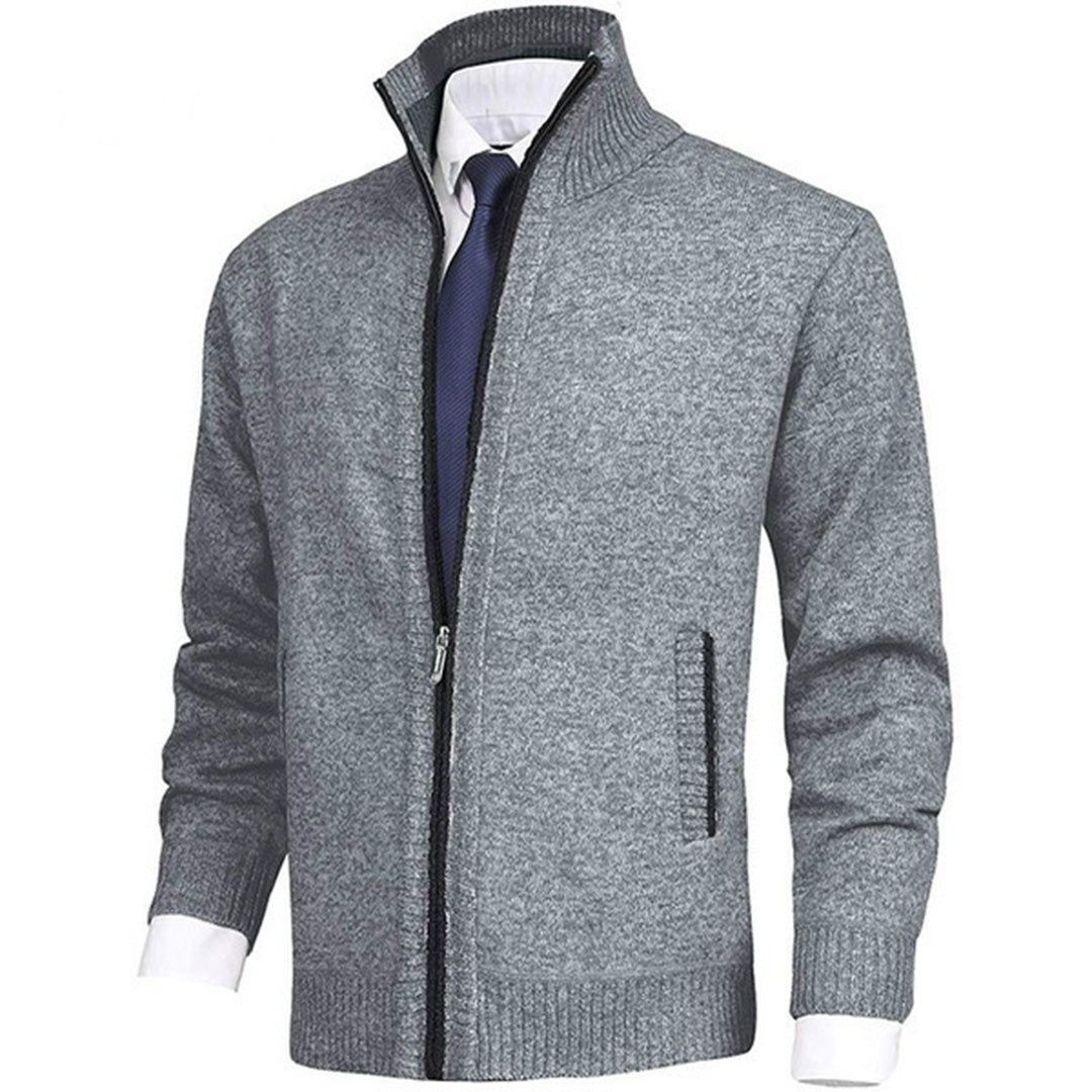 Men's beige knit zip sweater cardigan style jacket with ribbed collar, cuffs, and hem