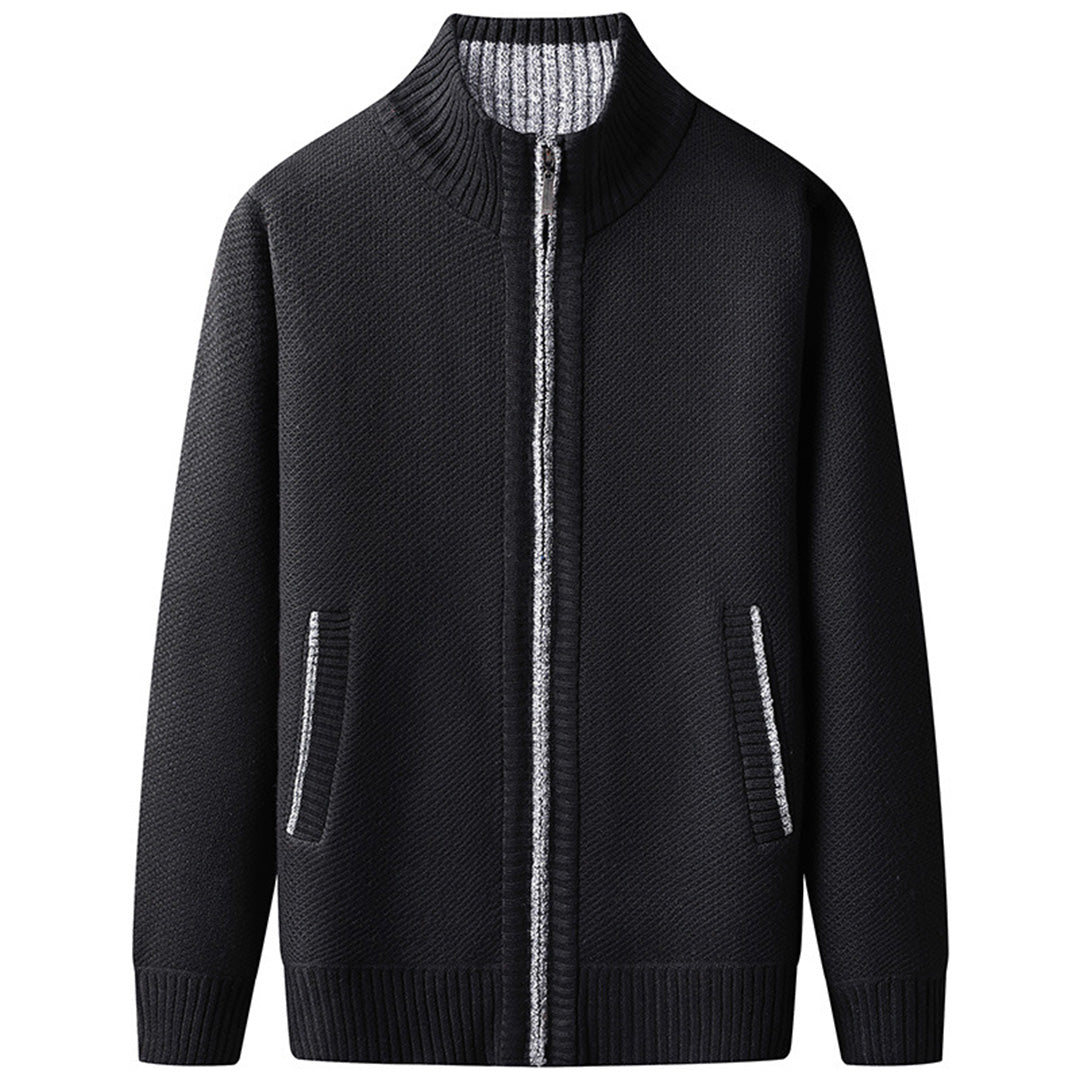 Men's beige knit zip sweater cardigan style jacket with ribbed collar, cuffs, and hem