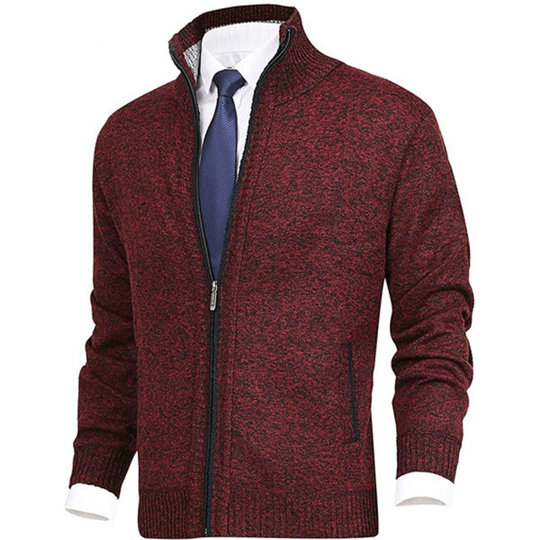 Men's beige knit zip sweater cardigan style jacket with ribbed collar, cuffs, and hem