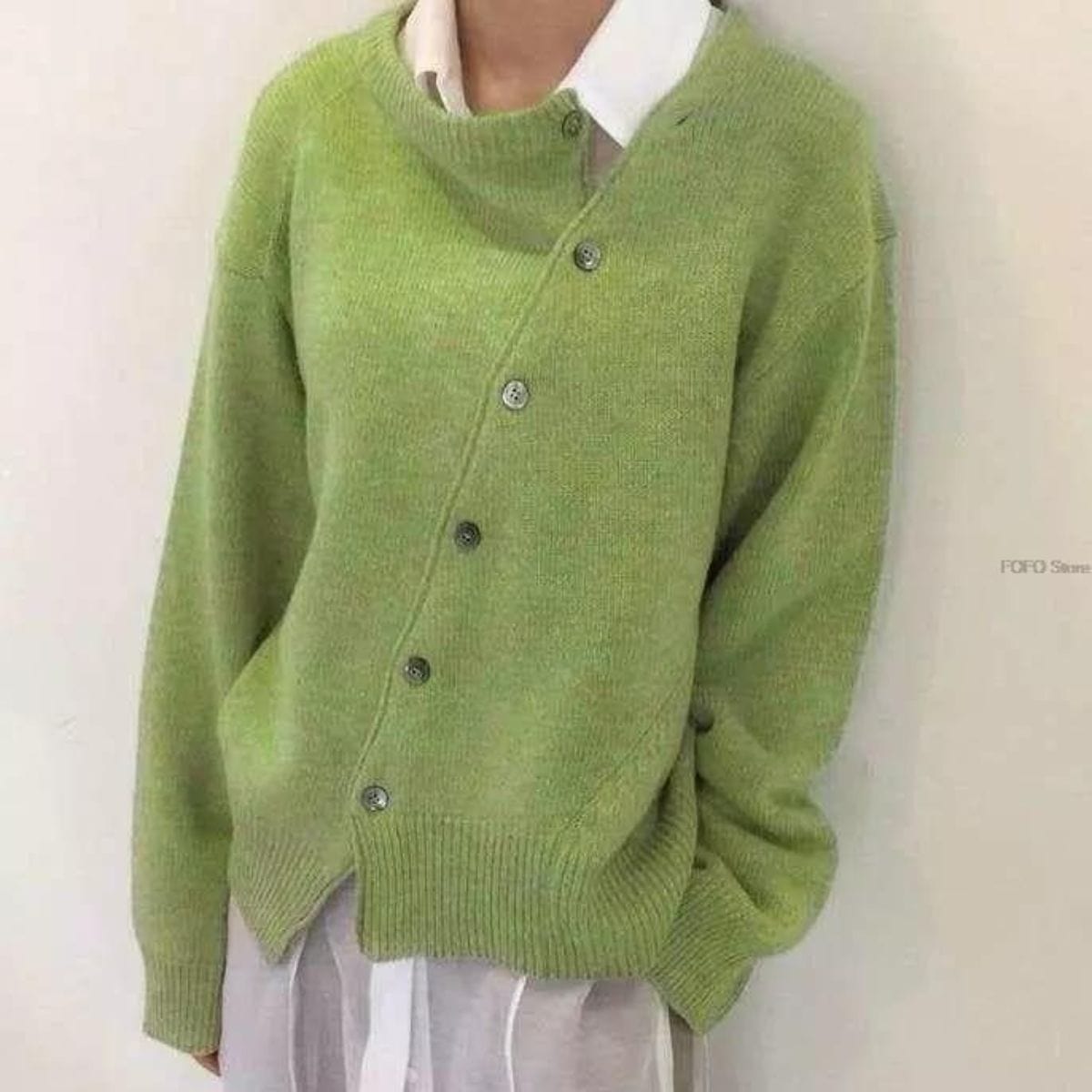 Women's wool button cardigan in classic style with asymmetric neckline for elegant layering