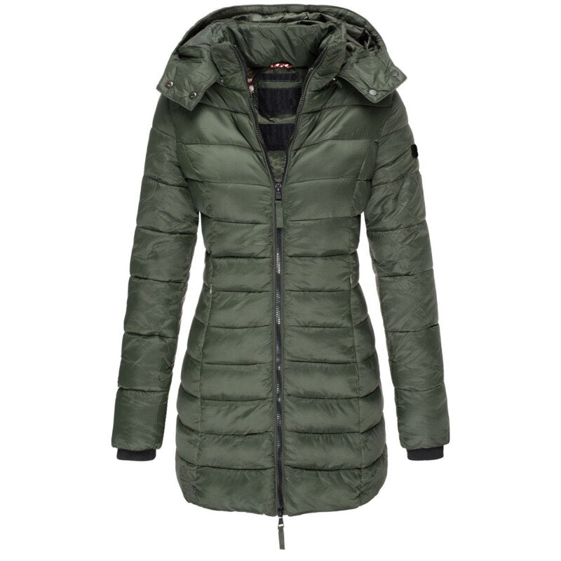 Rachel fitted mid-thigh puffer jacket with detachable hood, lightweight insulated winter coat