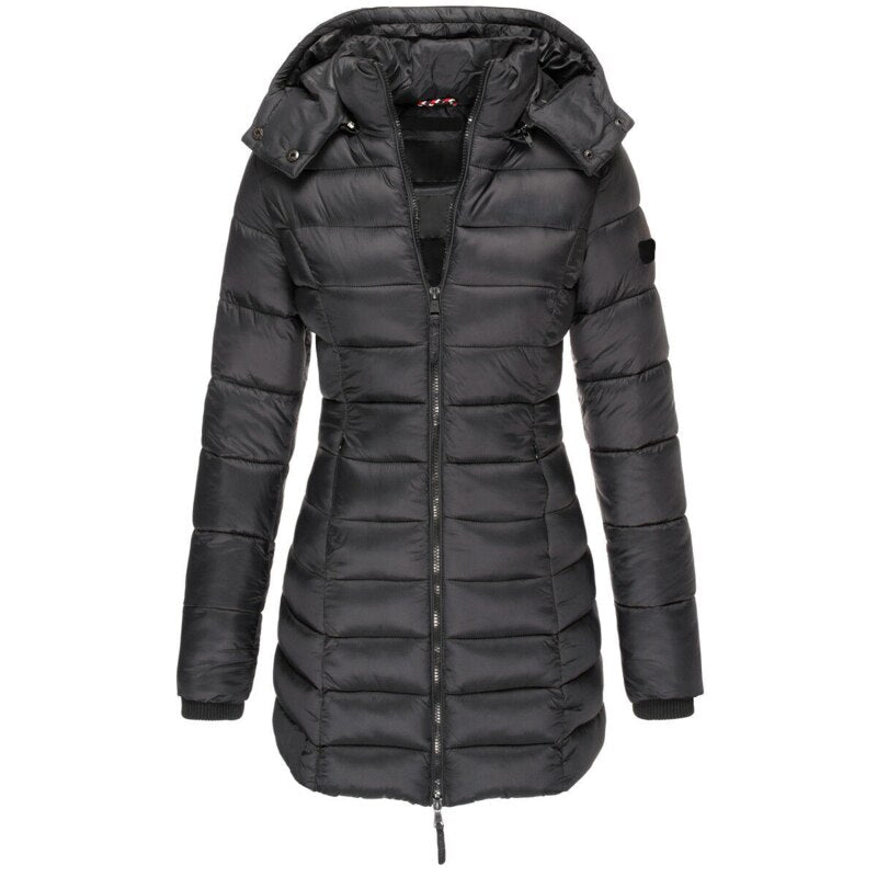 Rachel fitted mid-thigh puffer jacket with detachable hood, lightweight insulated winter coat