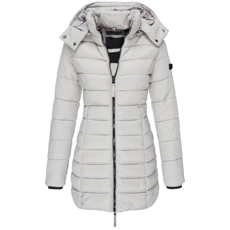 Rachel fitted mid-thigh puffer jacket with detachable hood, lightweight insulated winter coat