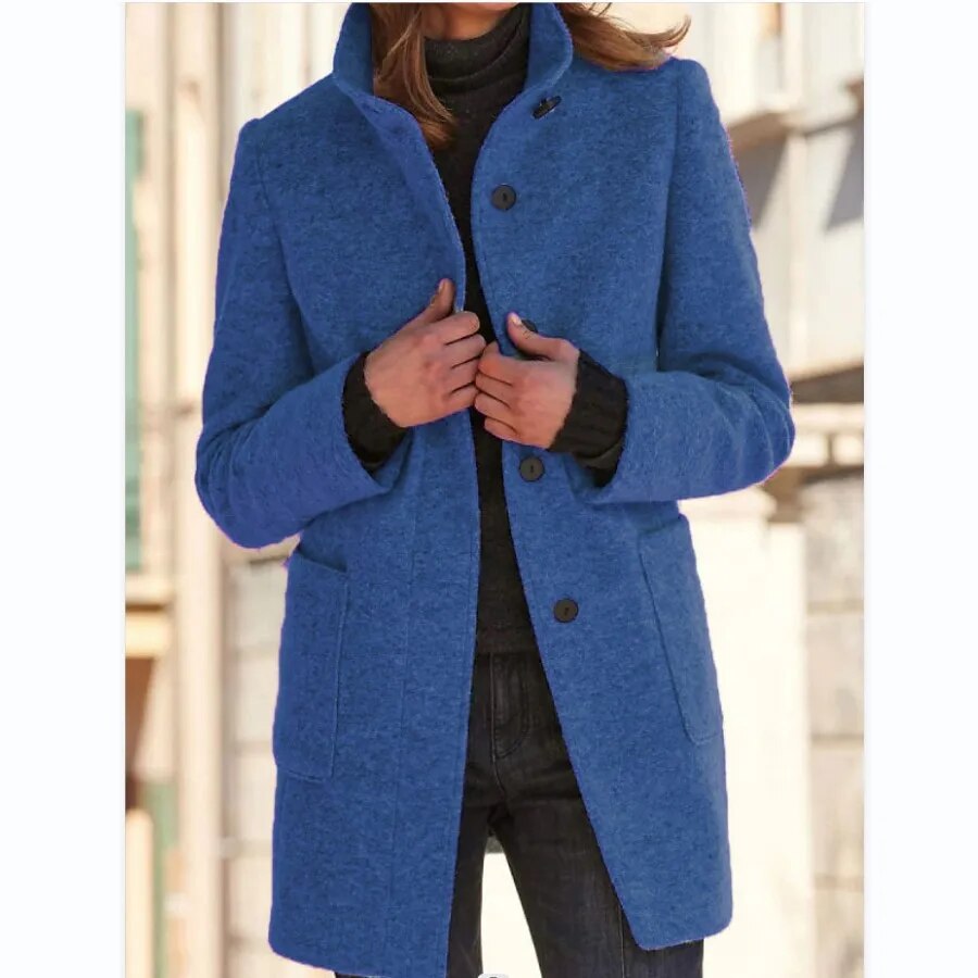 Women's charcoal grey wool coat classic tailored fit with high collar single-breasted closure