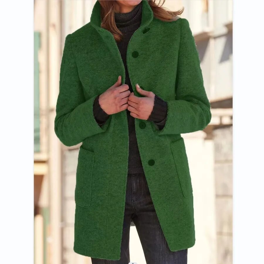 Women's charcoal grey wool coat classic tailored fit with high collar single-breasted elegant silhouette
