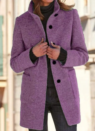 Women's charcoal grey wool coat classic tailored fit with high collar single-breasted closure