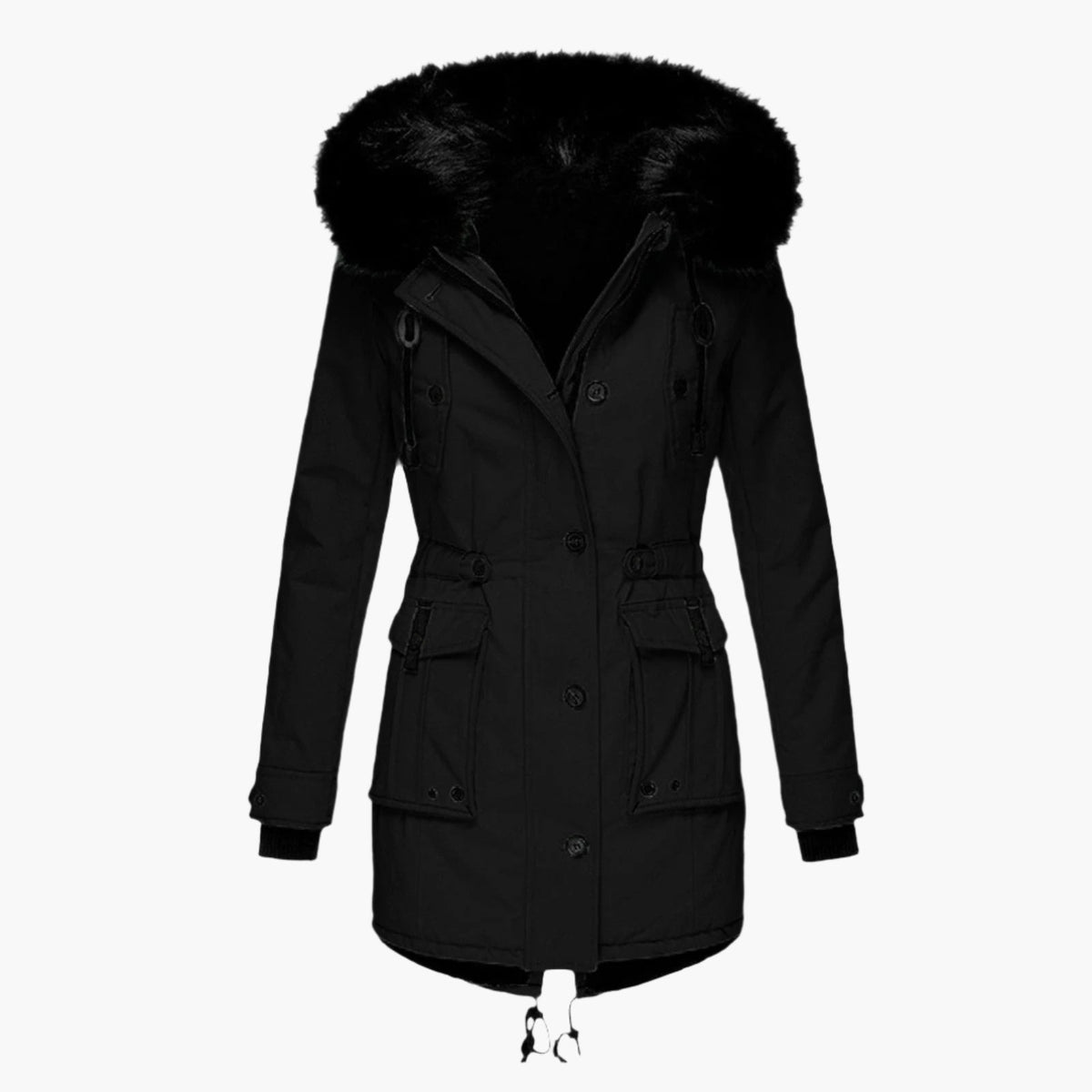 Women's fitted hooded winter coat in bold color, sleek silhouette with modern design for cold weather