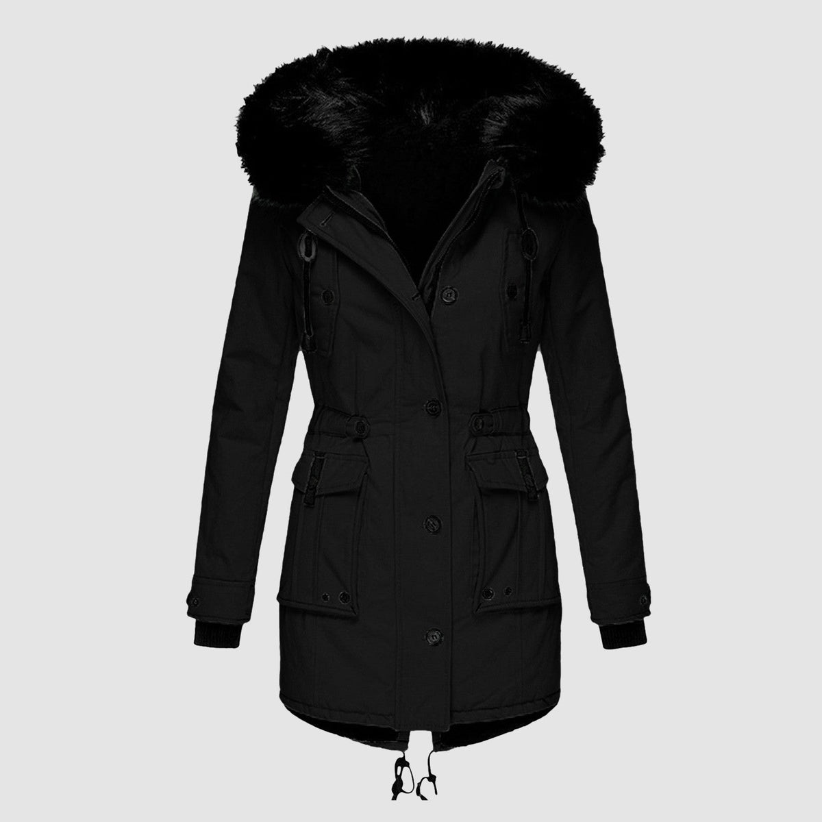 Women's black hooded winter jacket with faux fur trim, insulated lining, and waist-cinching silhouette
