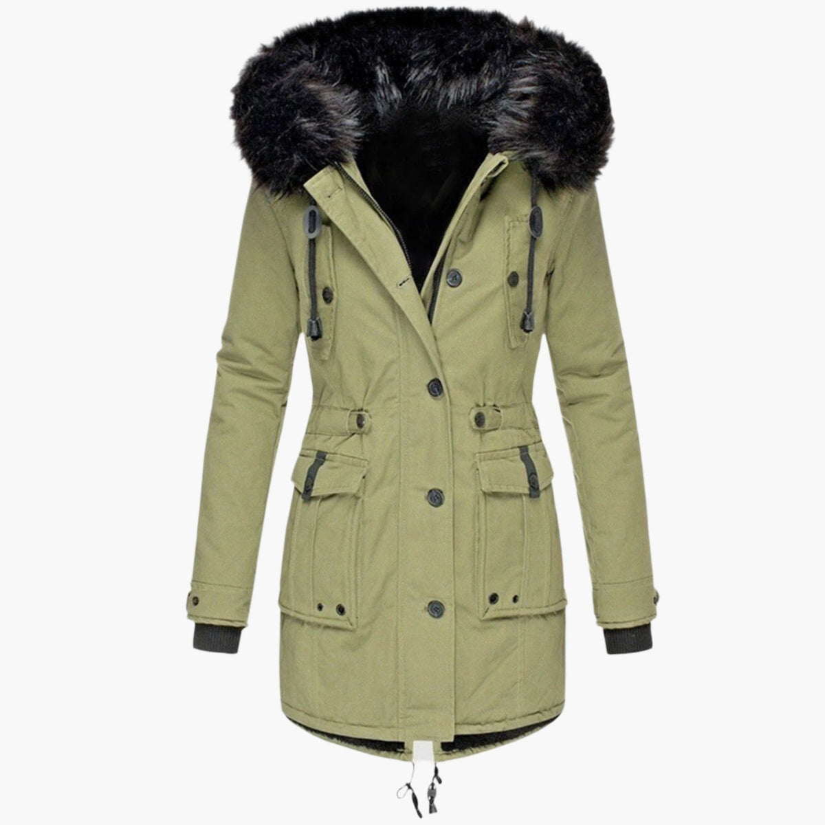 Women's fitted hooded winter coat in bold modern design, warm stylish silhouette for cold season