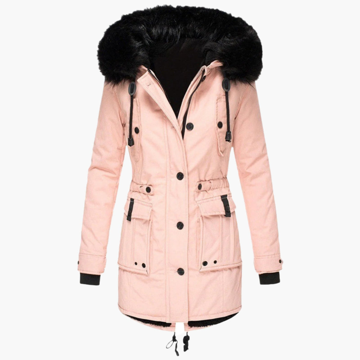 Women's fitted hooded winter coat in bold modern style with elegant silhouette for cold weather