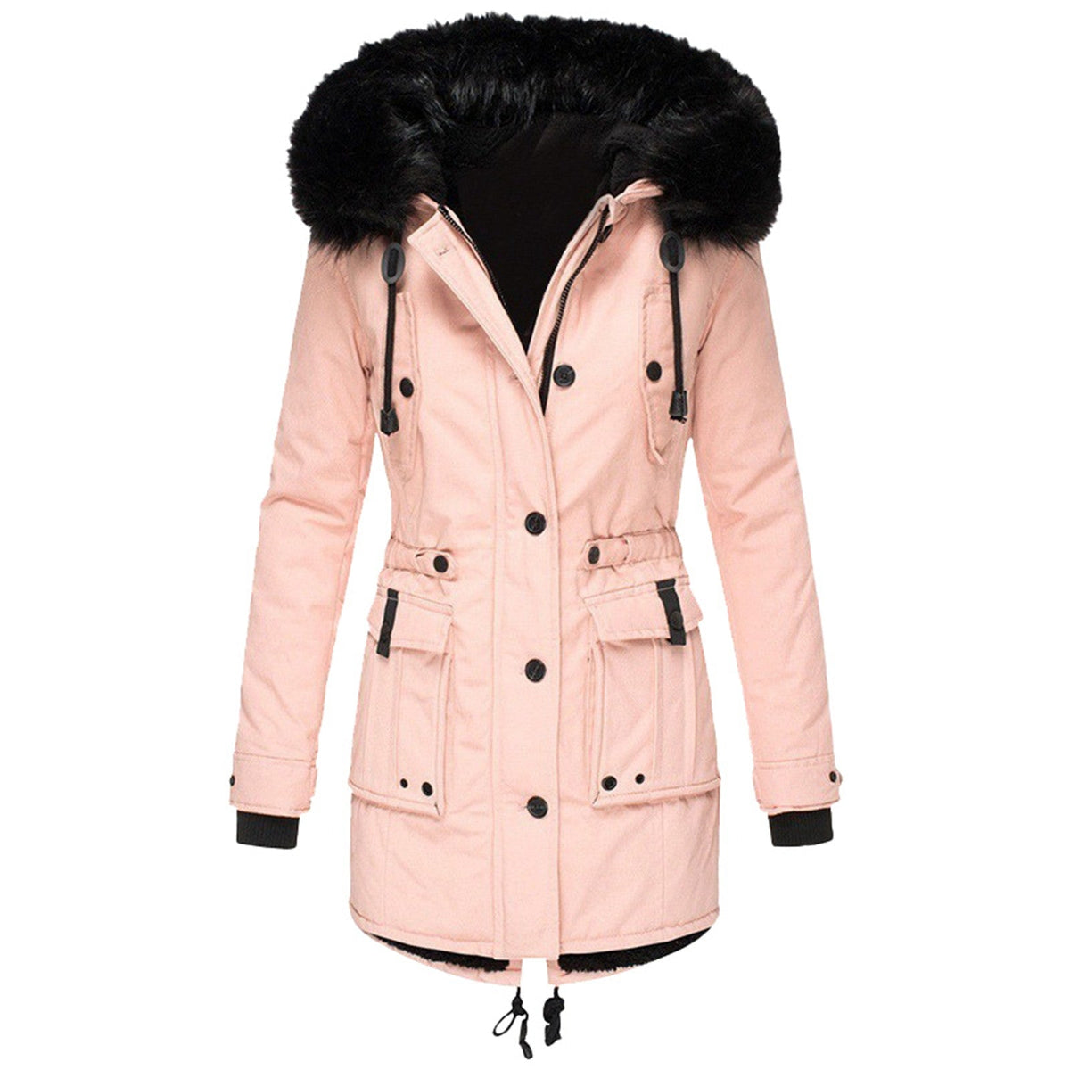 Women's black hooded winter jacket with faux fur trim, insulated waist-cinching fit for cold weather