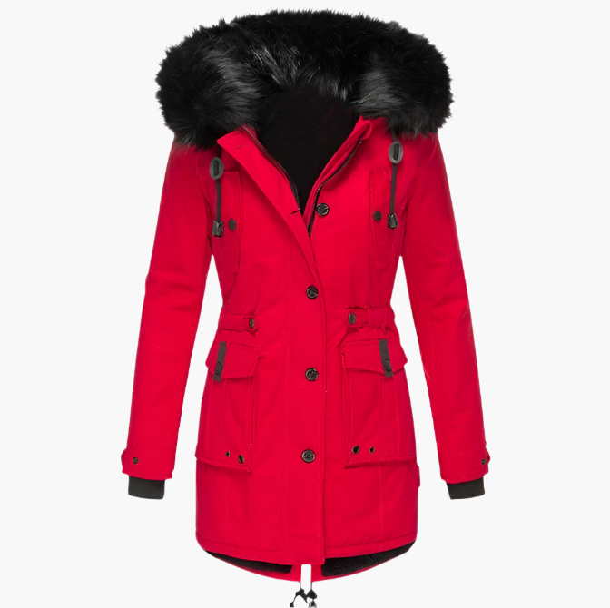 Women's fitted hooded winter coat in bold colors with elegant modern silhouette for cold days