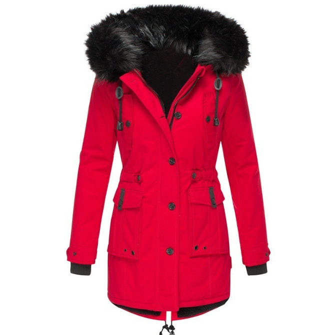 Women's black hooded winter jacket with faux fur trim, insulated waist-cinching fit for cold weather