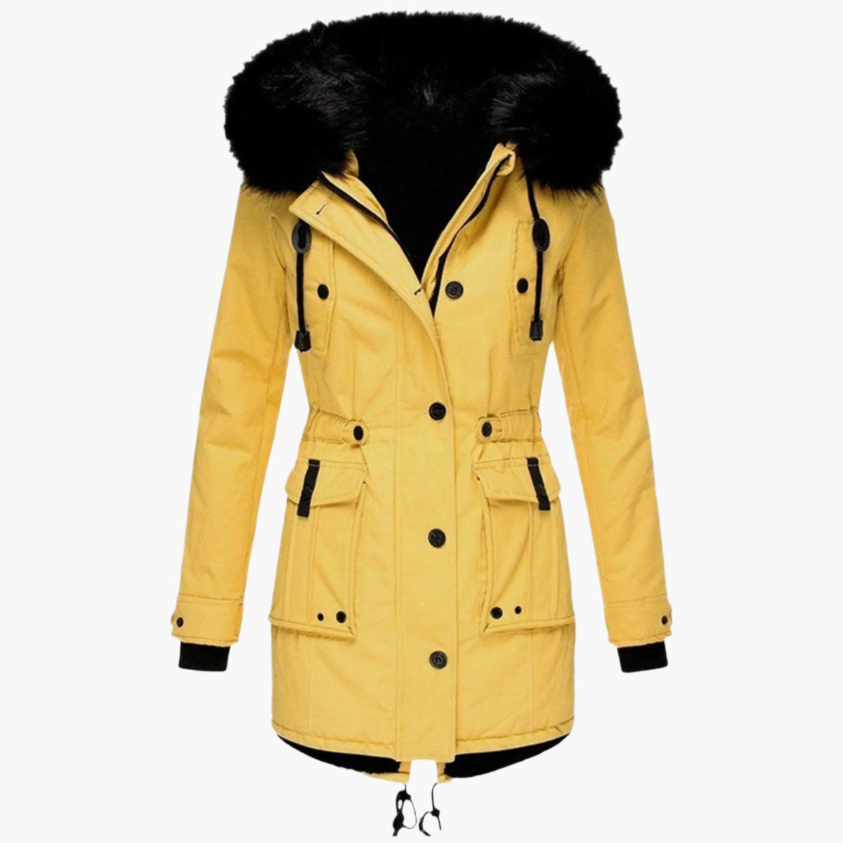 Women's fitted hooded winter coat in bold color, sleek modern silhouette with structured design