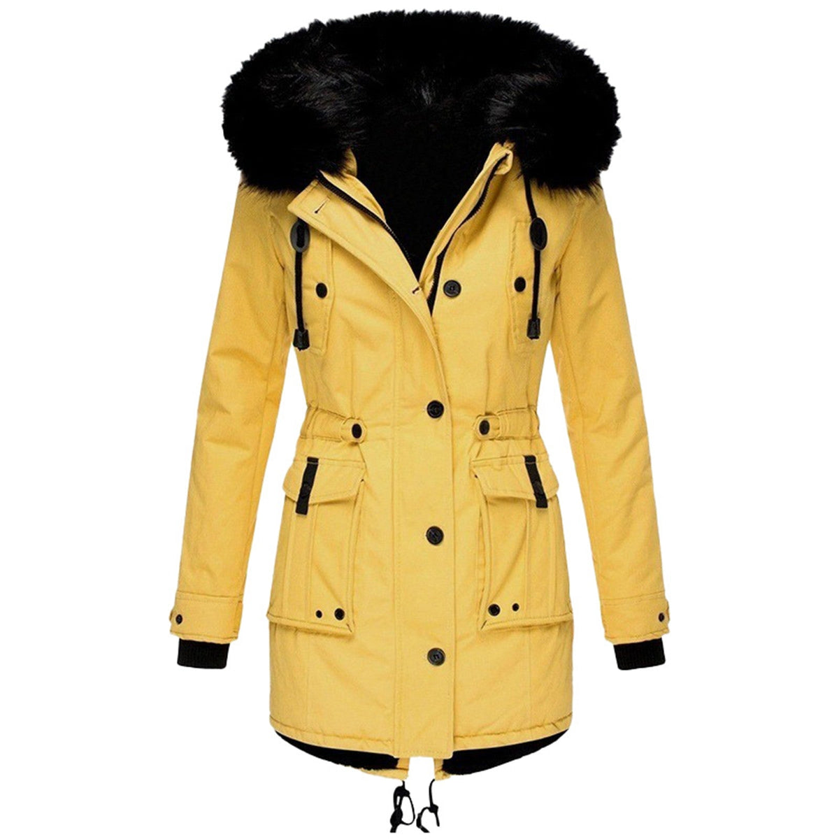 Women's black hooded winter jacket with faux fur trim, insulated waist-cinching fit for cold weather