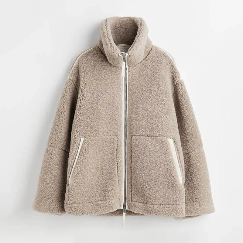 Women's sherpa fleece jacket in soft relaxed fit with high collar zipper closure for warm cozy style