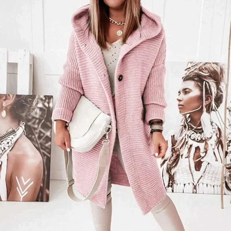 Women's cream hooded knit cardigan jacket with cozy plush texture and relaxed layering fit
