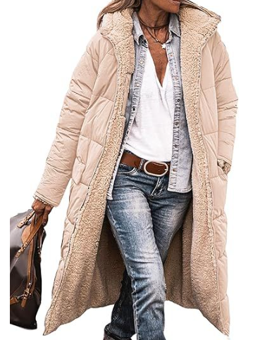 Women's black oversized long quilted padded coat with soft lining and elegant stitched pattern