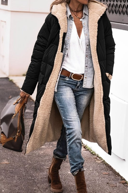 Women's long quilted padded coat oversized fit with soft lining, elegant winter outerwear