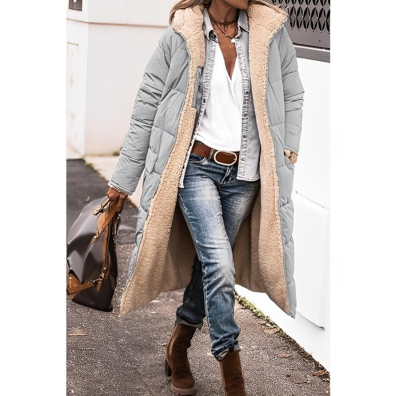 Women's long quilted padded coat oversized fit with soft lining, elegant winter outerwear