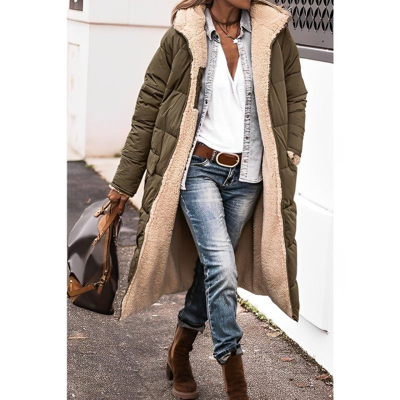 Women's long quilted padded coat oversized fit with soft lining, elegant winter outerwear