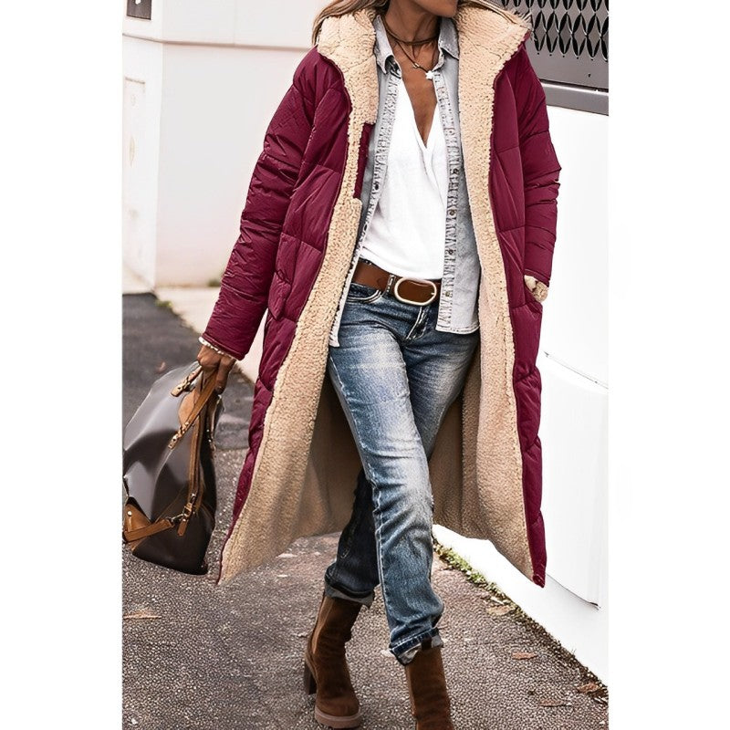 Women's long quilted padded coat oversized fit with soft lining, elegant winter outerwear