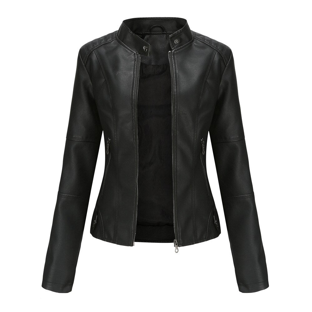 Women's black PU leather jacket with sleek Mandarin collar, modern slim cut, timeless luxury style