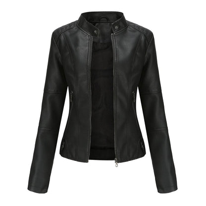 Women's black PU leather jacket with sleek Mandarin collar, modern slim cut, timeless luxury style