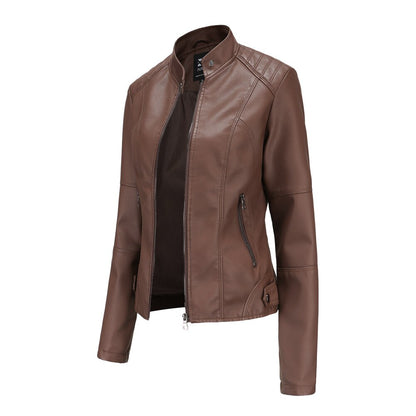 Women's black PU leather jacket with sleek Mandarin collar, modern slim cut, timeless luxury style