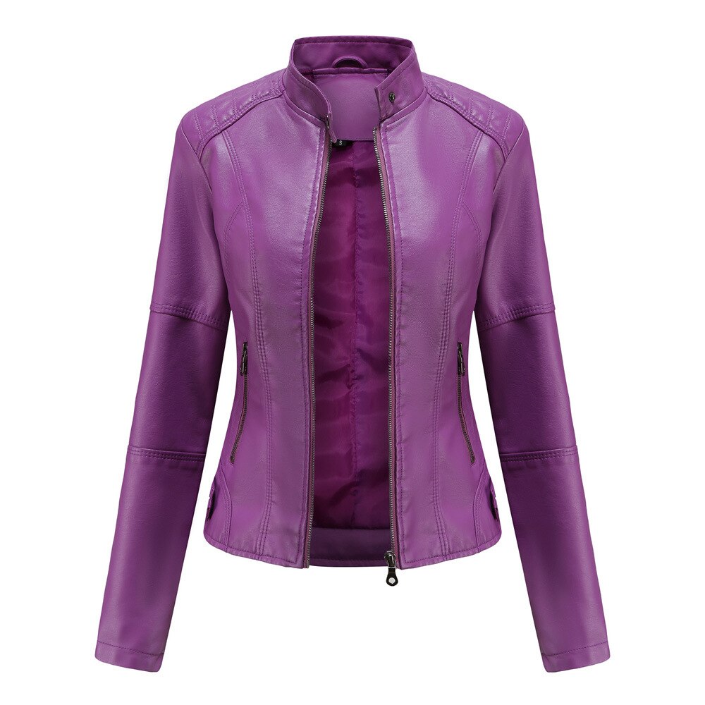 Women's black PU leather jacket with sleek Mandarin collar, modern slim-fit silhouette for everyday luxury