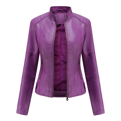 Women's black PU leather jacket with sleek Mandarin collar, modern slim-fit silhouette for everyday luxury