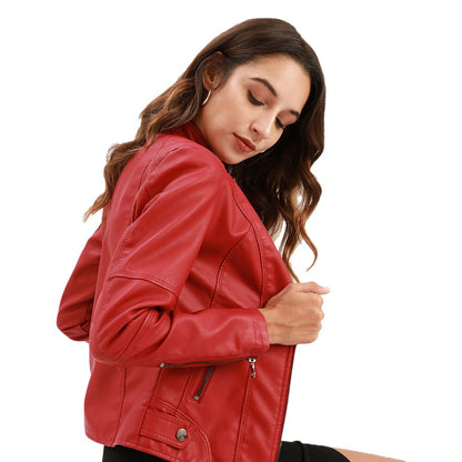Women's black PU leather jacket with sleek Mandarin collar, modern slim fit, premium luxury finish