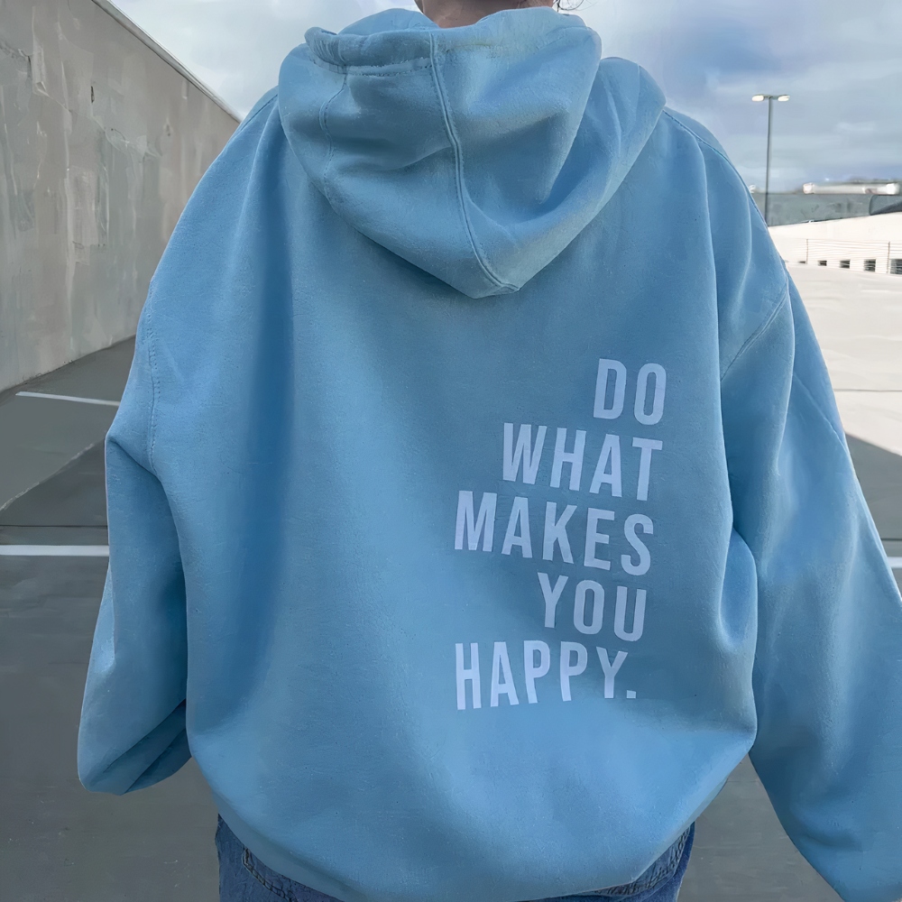 Ellie summer hoodie with bold back text print, soft midweight knit, casual relaxed fit