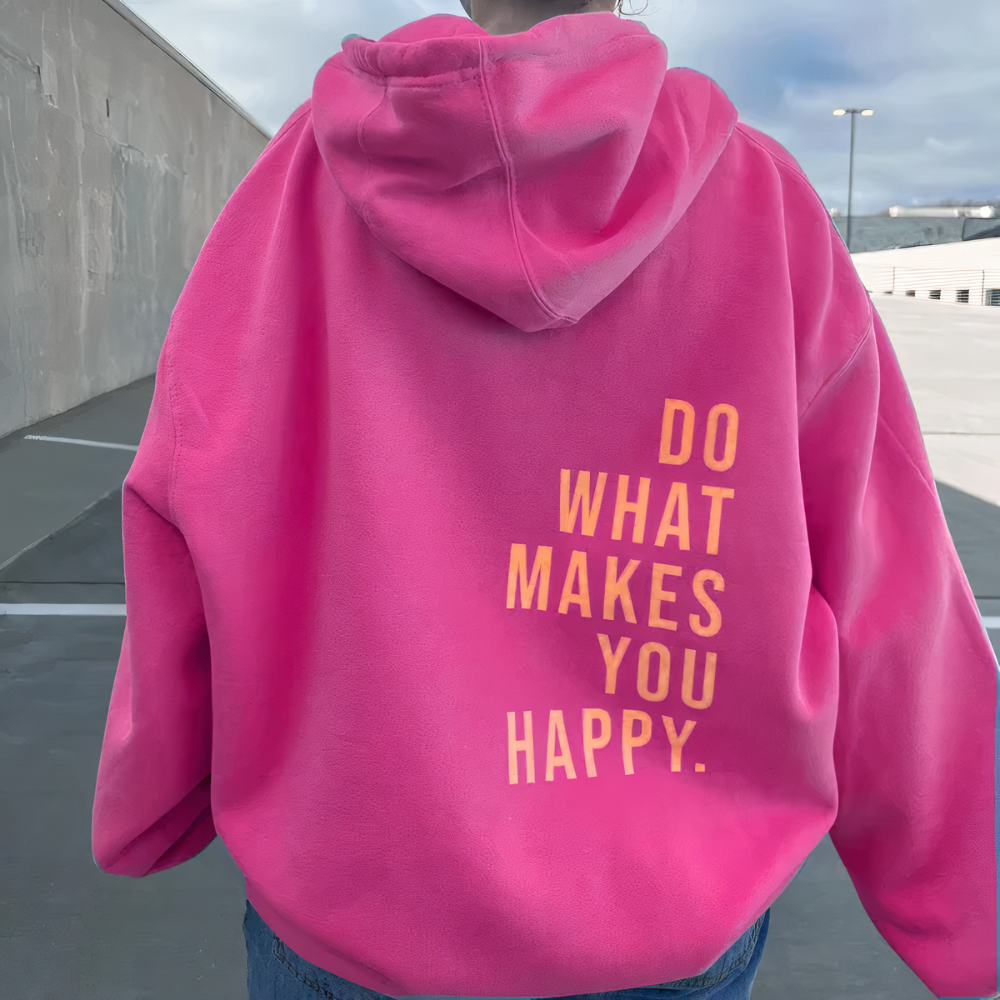 Ellie summer hoodie with bold back text print, soft midweight knit, casual relaxed fit