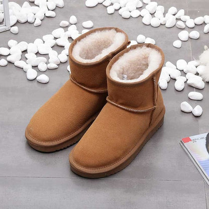 Women's suede ankle boots with soft plush interior lining, flat sole, warm everyday style