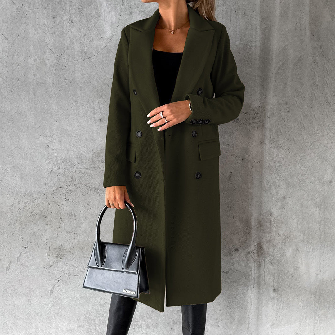 Women's long double-breasted wool blend coat in elegant cut with flap pockets for sophisticated winter style