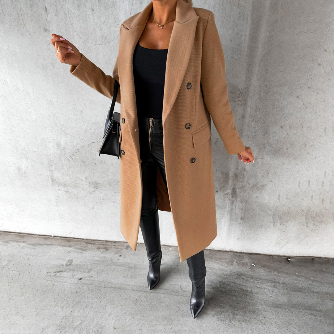 Women's long double-breasted wool blend coat elegant tailored cut with flap pockets