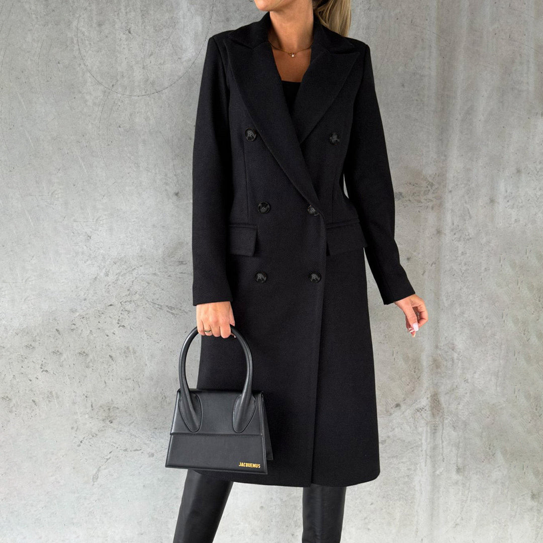 Women's long double-breasted wool blend coat in elegant cut with functional flap pockets